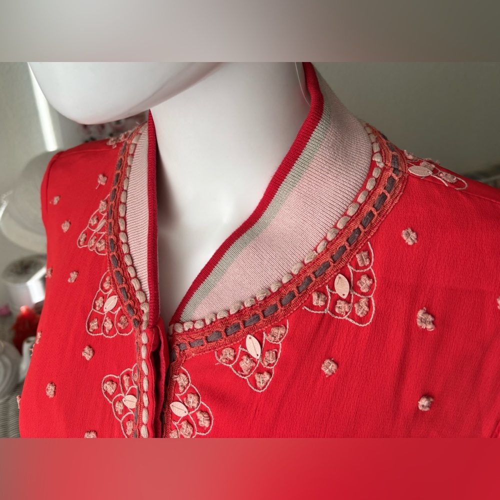 Anthropologie Conditions Apply Arabella Bomber Jacket Embroidered in Red Size L - Picture 4 of 13